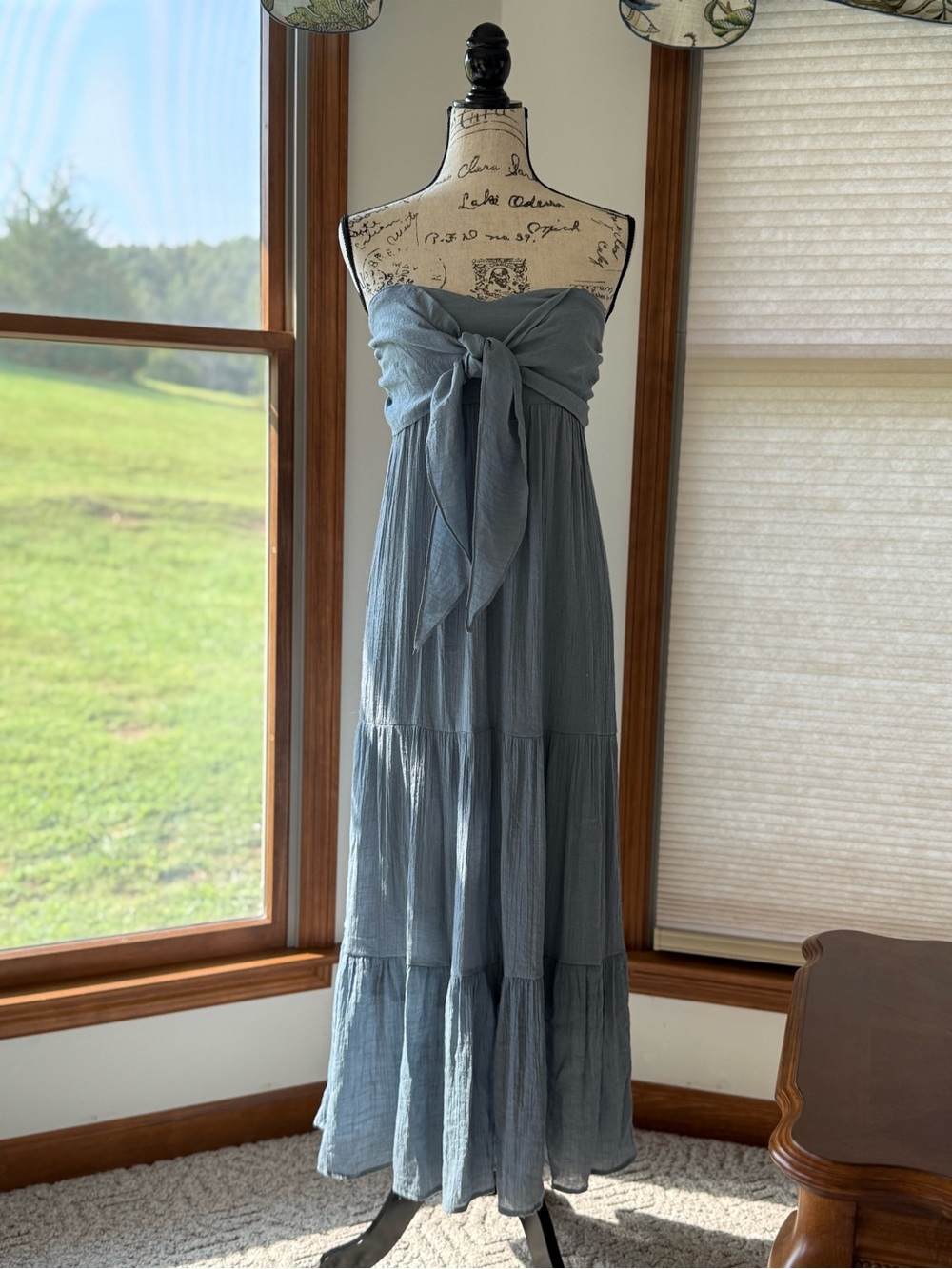 Strapless Tiered Maxi Dress with Front Bow in Dusty Blue
